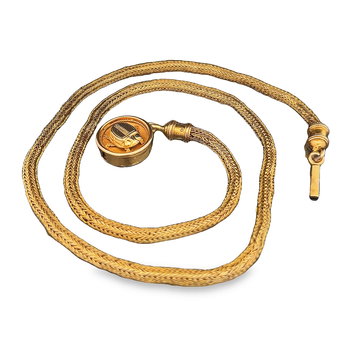 Rare Antique Victorian Etruscan Revival 15ct Gold Woven Link Necklace with Scarab Clasp