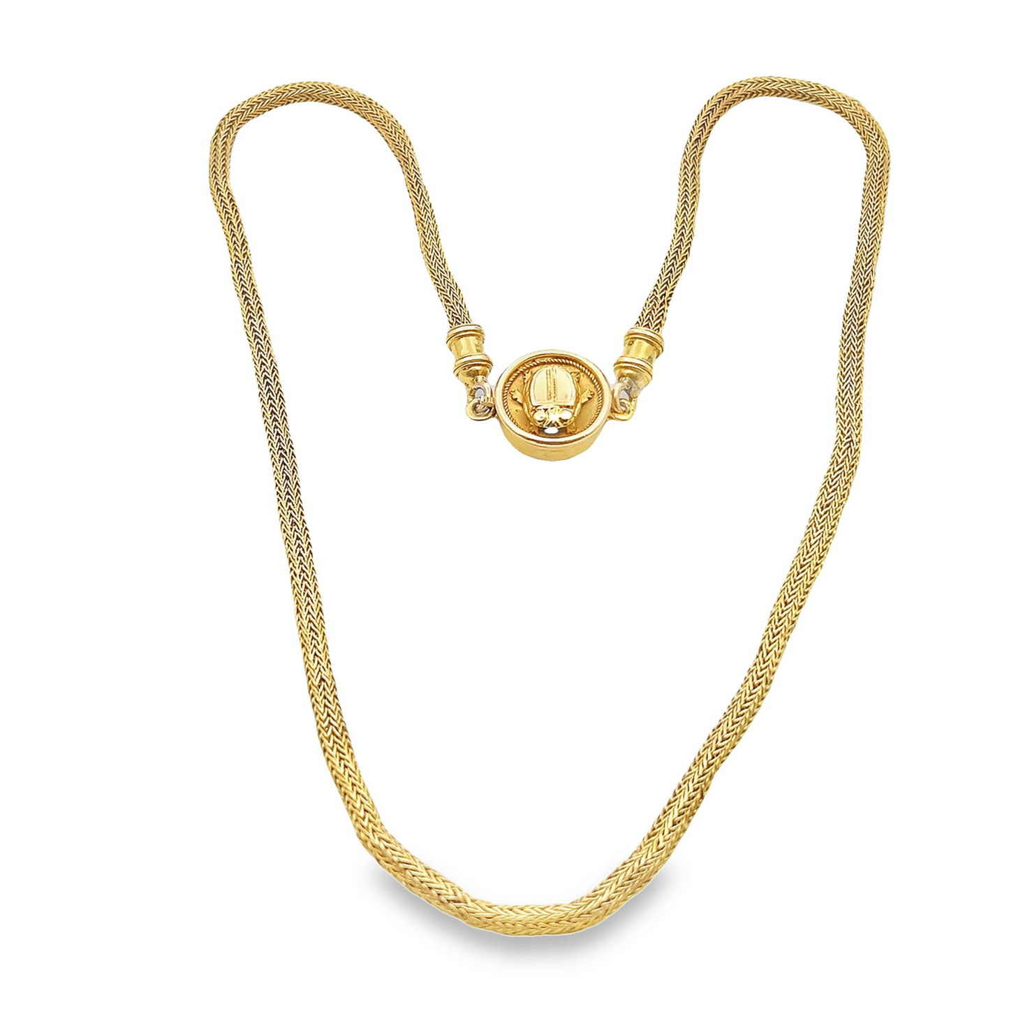 Rare Antique Victorian Etruscan Revival 15ct Gold Woven Link Necklace with Scarab Clasp