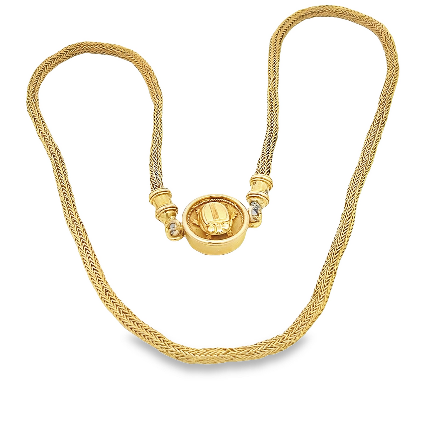 Rare Antique Victorian Etruscan Revival 15ct Gold Woven Link Necklace with Scarab Clasp