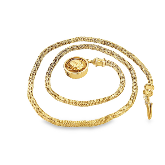 Rare Antique Victorian Etruscan Revival 15ct Gold Woven Link Necklace with Scarab Clasp