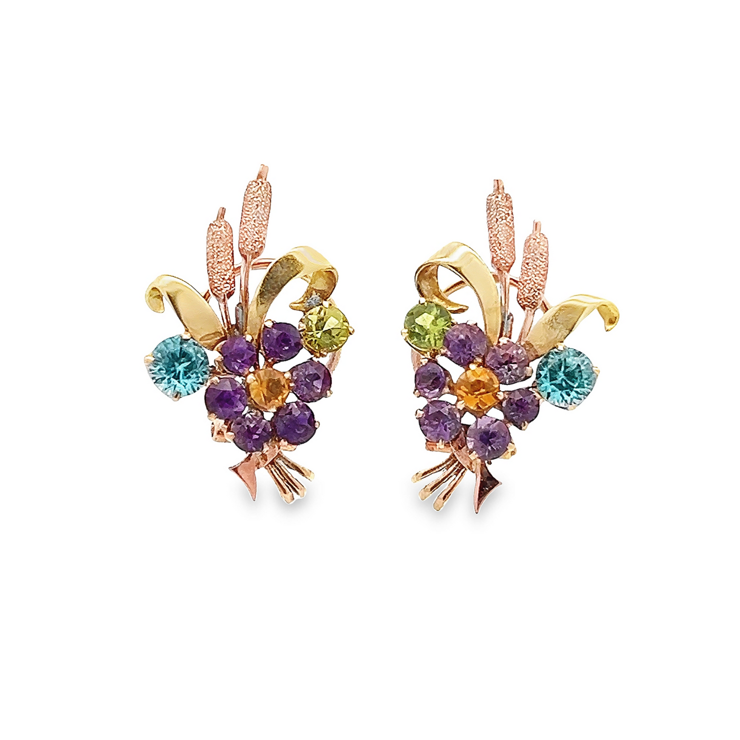 Vintage Amethyst, Citrine, Blue Zircon, Topaz 9ct Rose and Yellow Gold Wheatsheaf Ear Clips /  Clip Earrings by Alabaster & Wilson