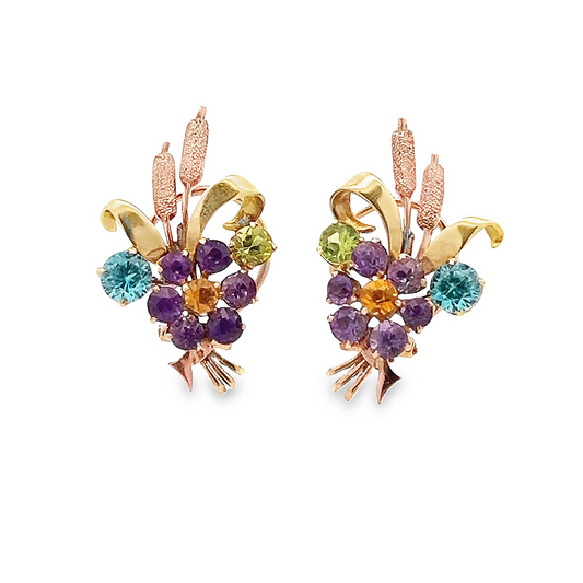 Vintage Amethyst, Citrine, Blue Zircon, Topaz 9ct Rose and Yellow Gold Wheatsheaf Ear Clips /  Clip Earrings by Alabaster & Wilson