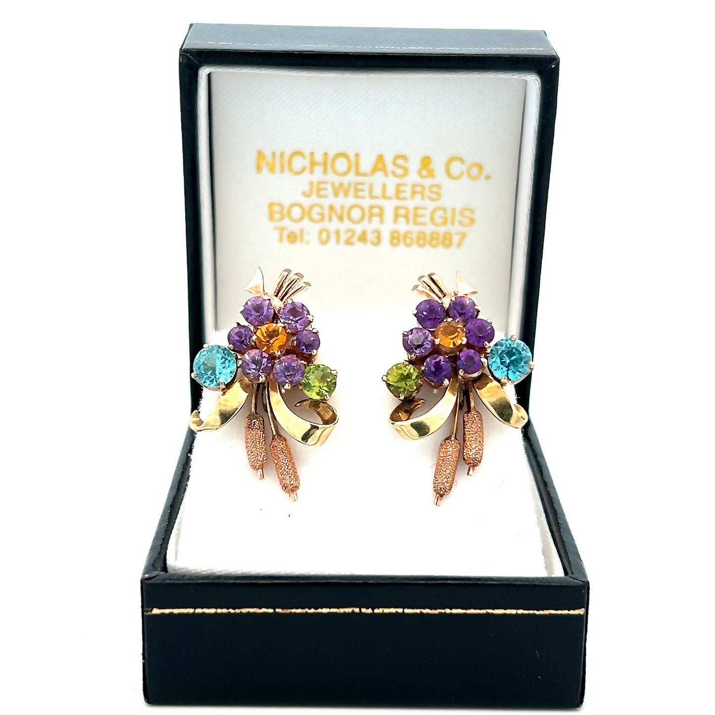 Vintage Amethyst, Citrine, Blue Zircon, Topaz 9ct Rose and Yellow Gold Wheatsheaf Ear Clips /  Clip Earrings by Alabaster & Wilson