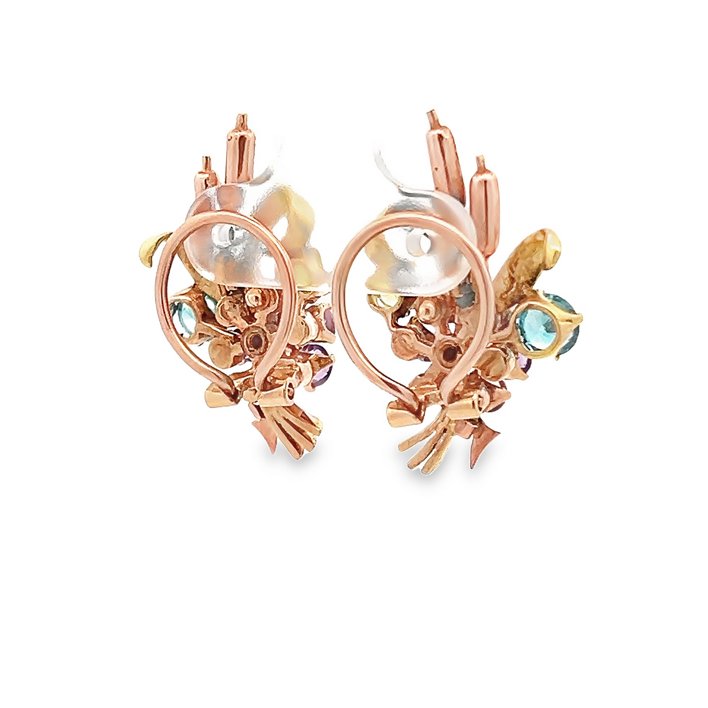 Vintage Amethyst, Citrine, Blue Zircon, Topaz 9ct Rose and Yellow Gold Wheatsheaf Ear Clips /  Clip Earrings by Alabaster & Wilson