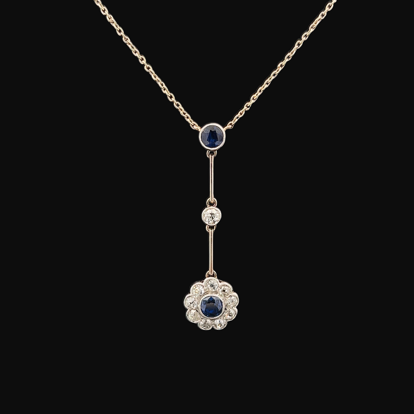 Antique Edwardian Sapphire and Diamond 18ct White Gold Daisy Cluster Lavalier / Negligee Pendant