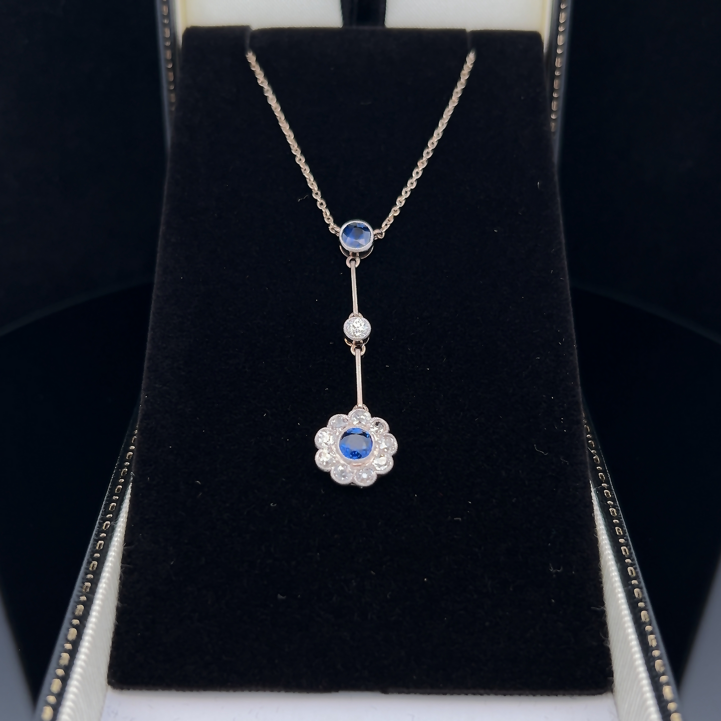 Antique Edwardian Sapphire and Diamond 18ct White Gold Daisy Cluster Lavalier / Negligee Pendant