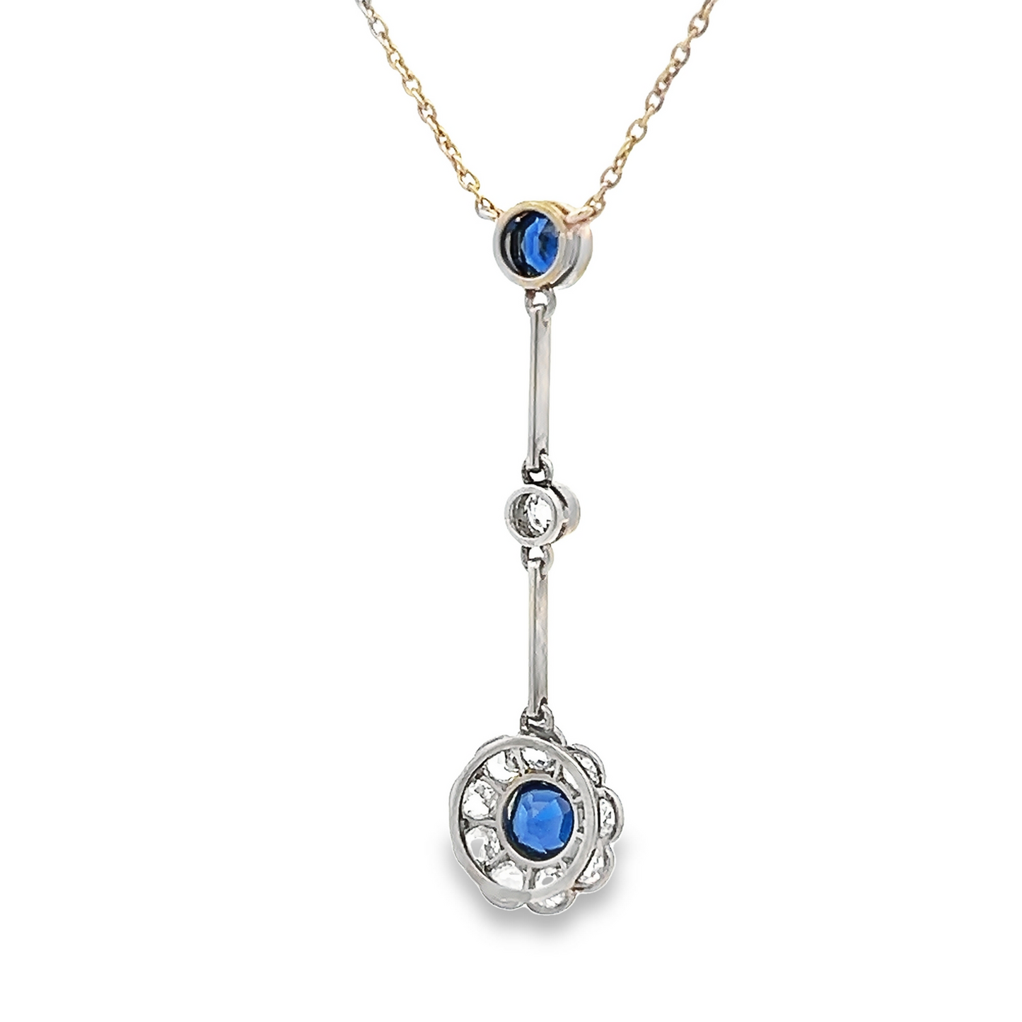 Antique Edwardian Sapphire and Diamond 18ct White Gold Daisy Cluster Lavalier / Negligee Pendant