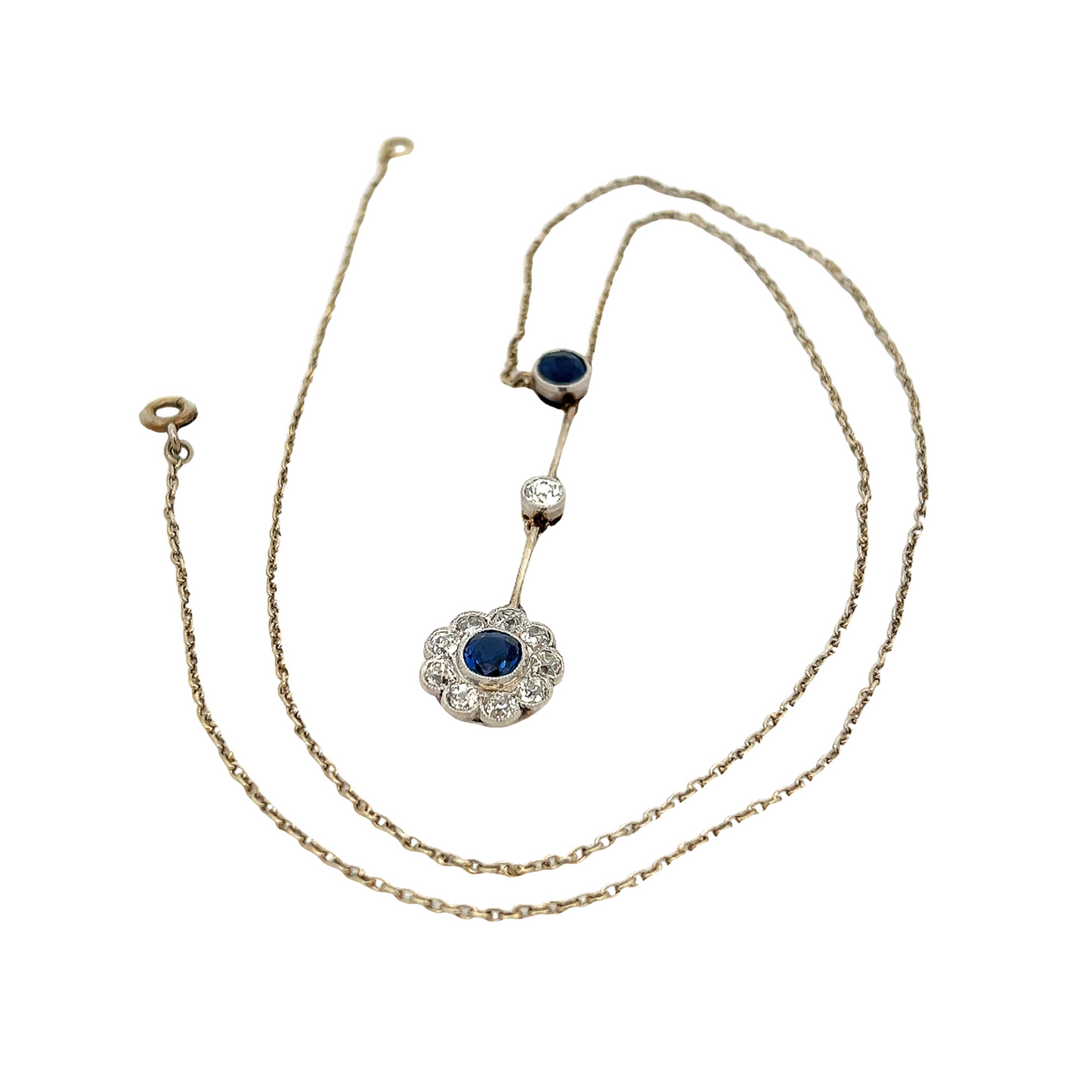 Antique Edwardian Sapphire and Diamond 18ct White Gold Daisy Cluster Lavalier / Negligee Pendant