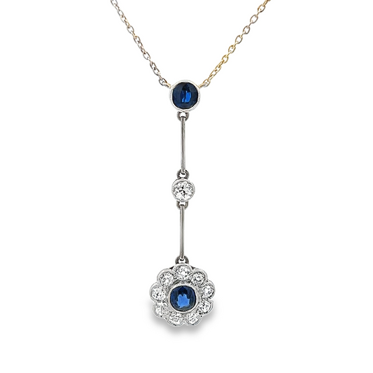Antique Edwardian Sapphire and Diamond 18ct White Gold Daisy Cluster Lavalier / Negligee Pendant