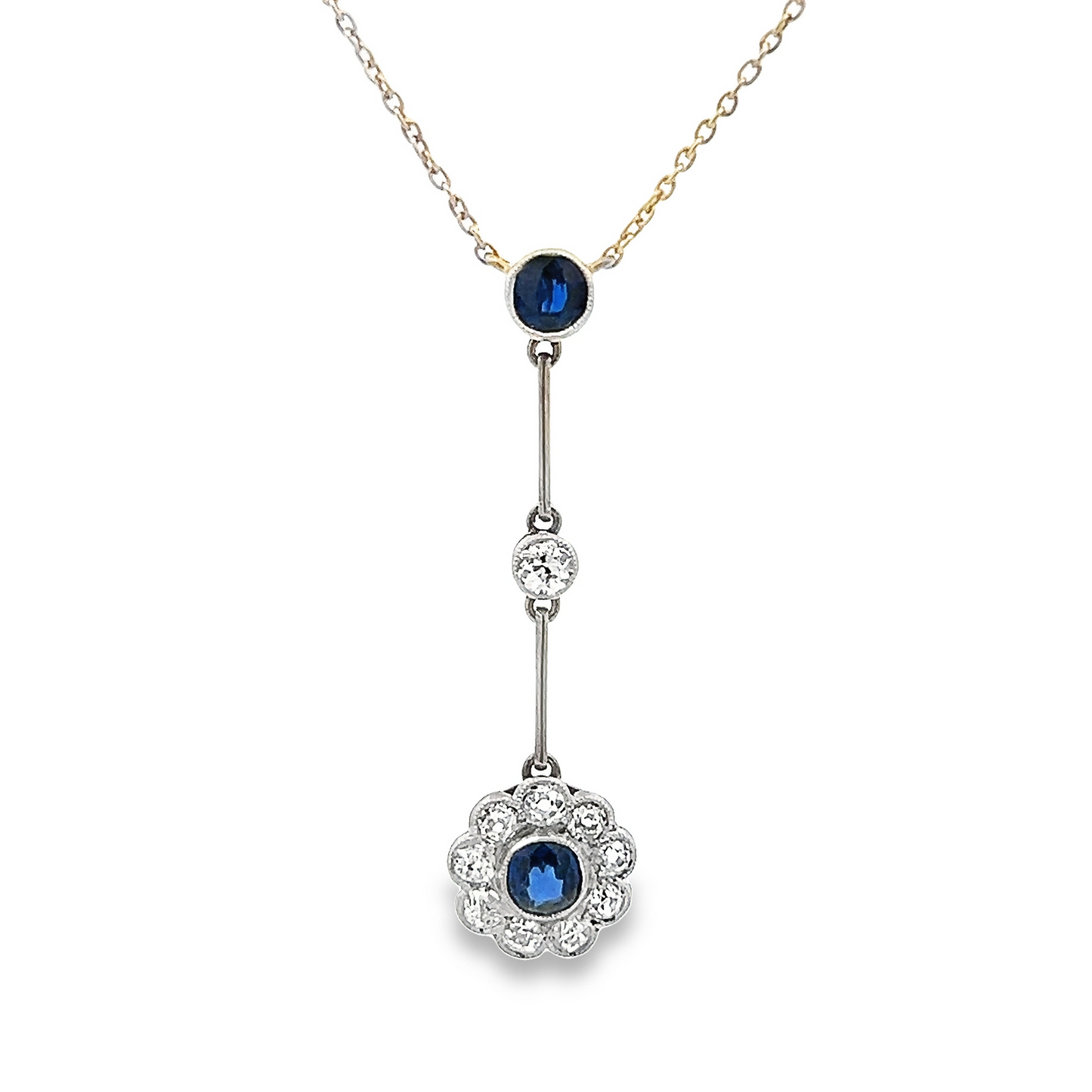 Antique Edwardian Sapphire and Diamond 18ct White Gold Daisy Cluster Lavalier / Negligee Pendant