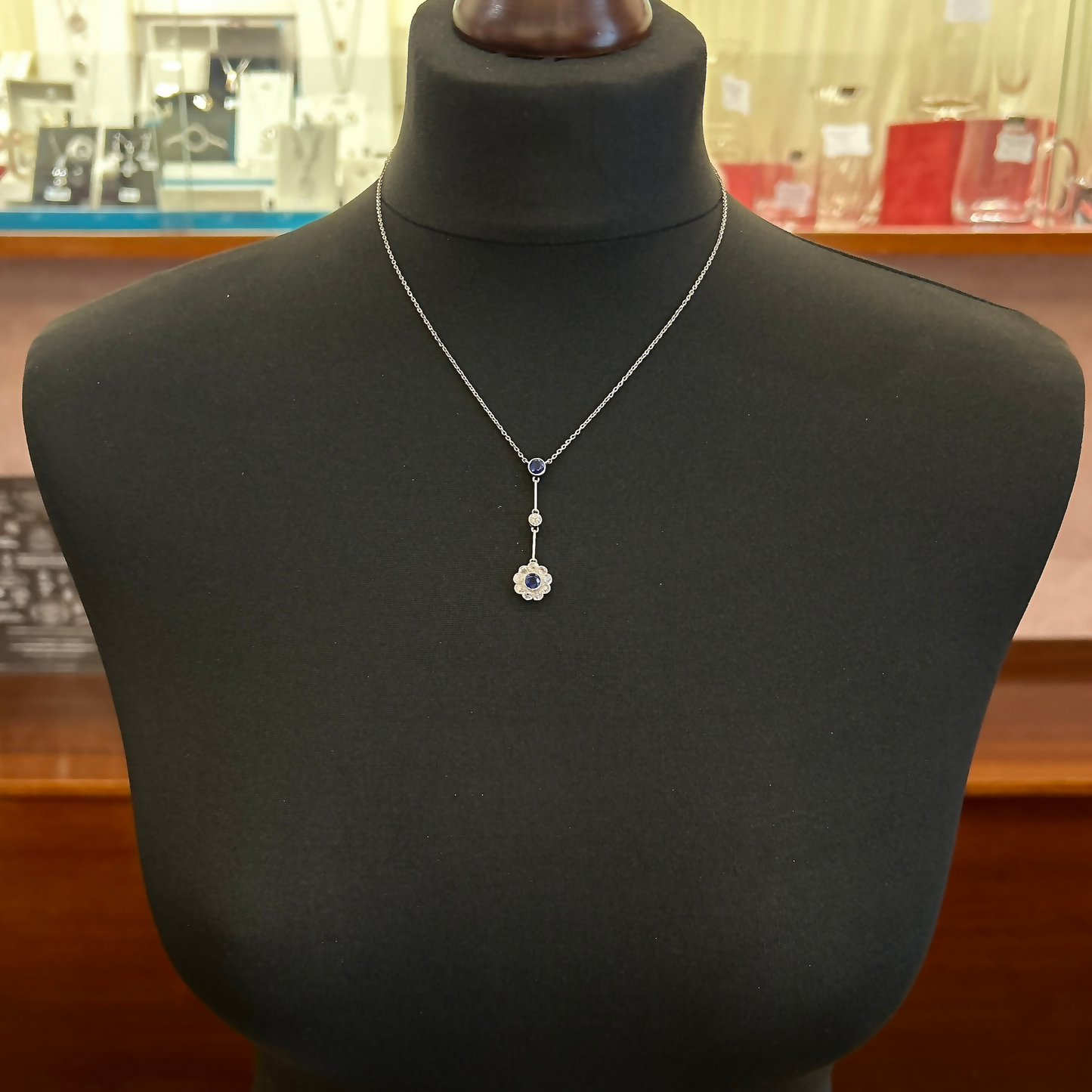 Antique Edwardian Sapphire and Diamond 18ct White Gold Daisy Cluster Lavalier / Negligee Pendant