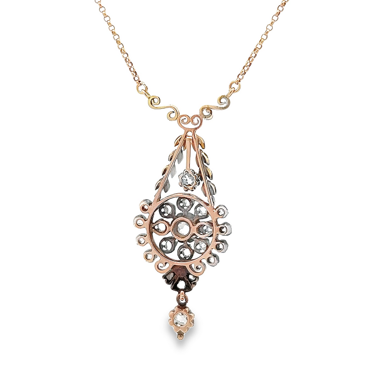 Antique Old Mine Cut Diamond Gold and Silver Floral Necklace