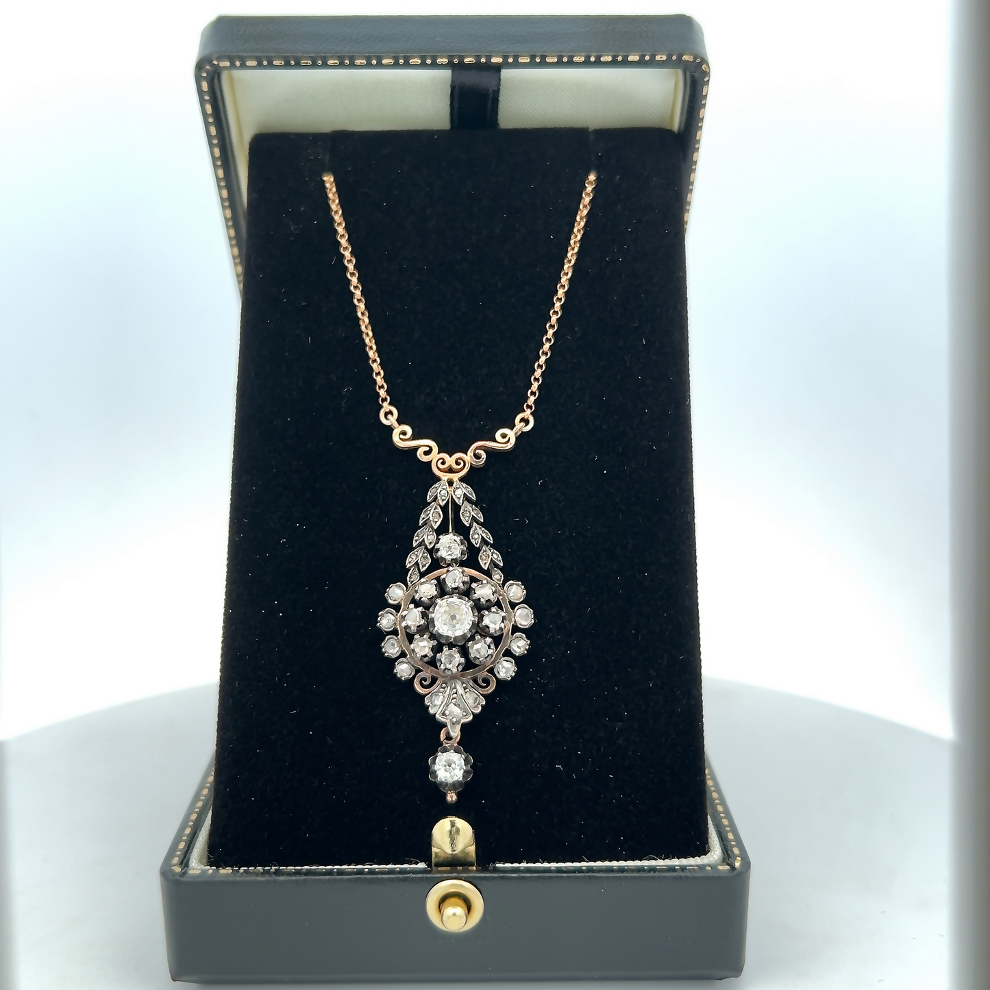 Antique Old Mine Cut Diamond Gold and Silver Floral Necklace