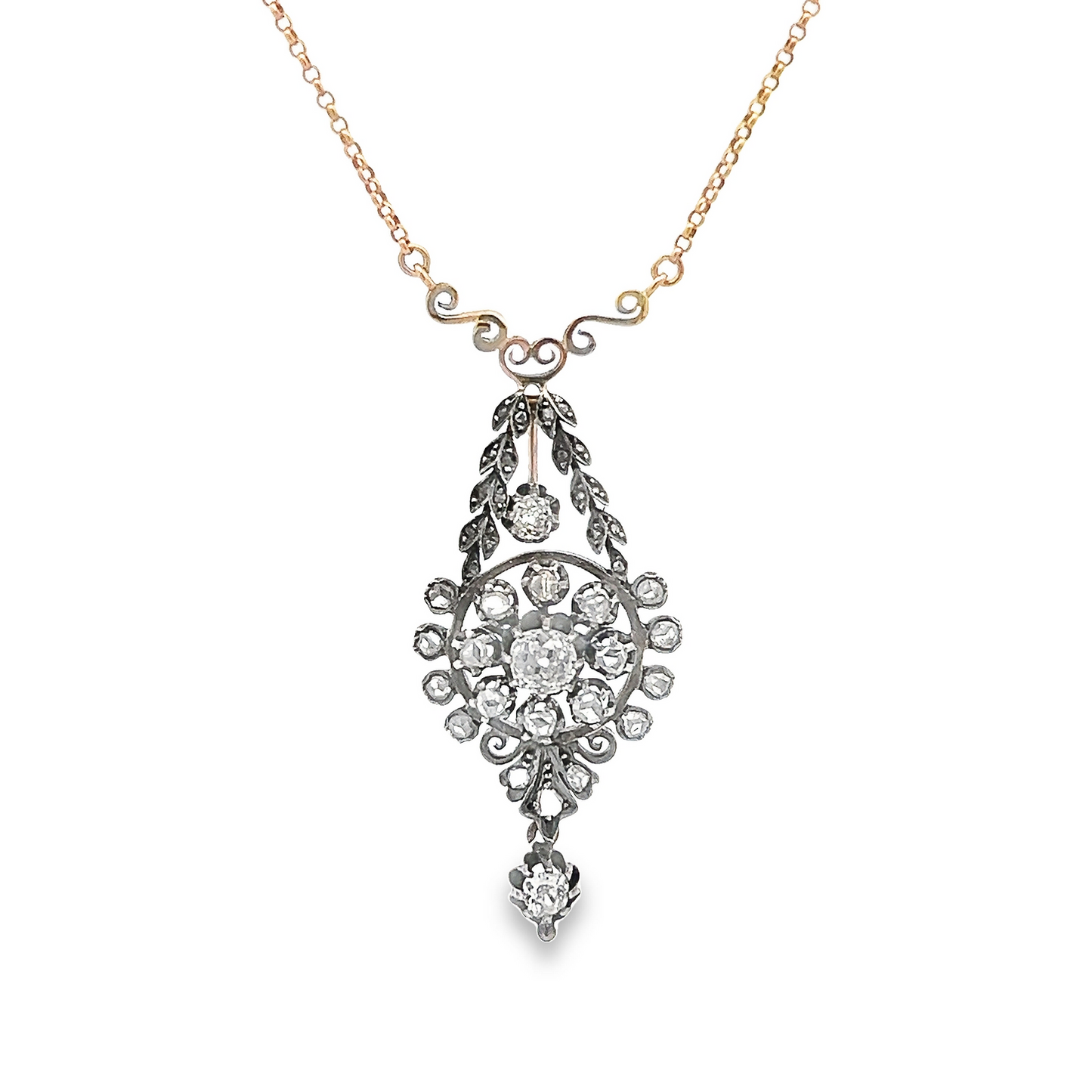 Antique Old Mine Cut Diamond Gold and Silver Floral Necklace