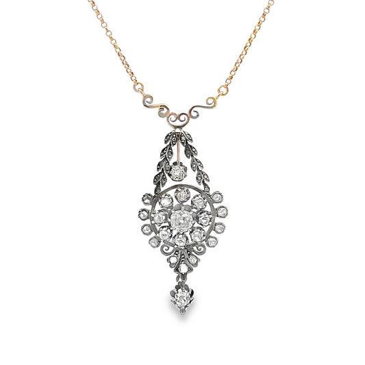 Antique Old Mine Cut Diamond Gold and Silver Floral Necklace