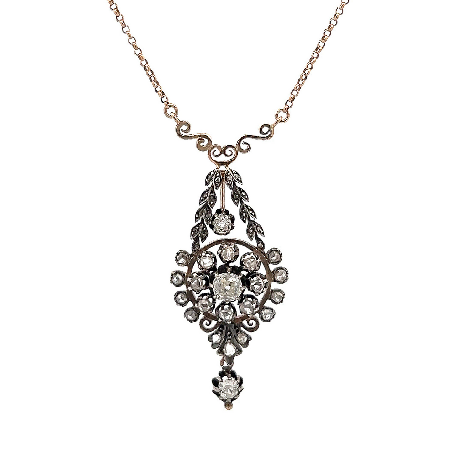 Antique Old Mine Cut Diamond Gold and Silver Floral Necklace