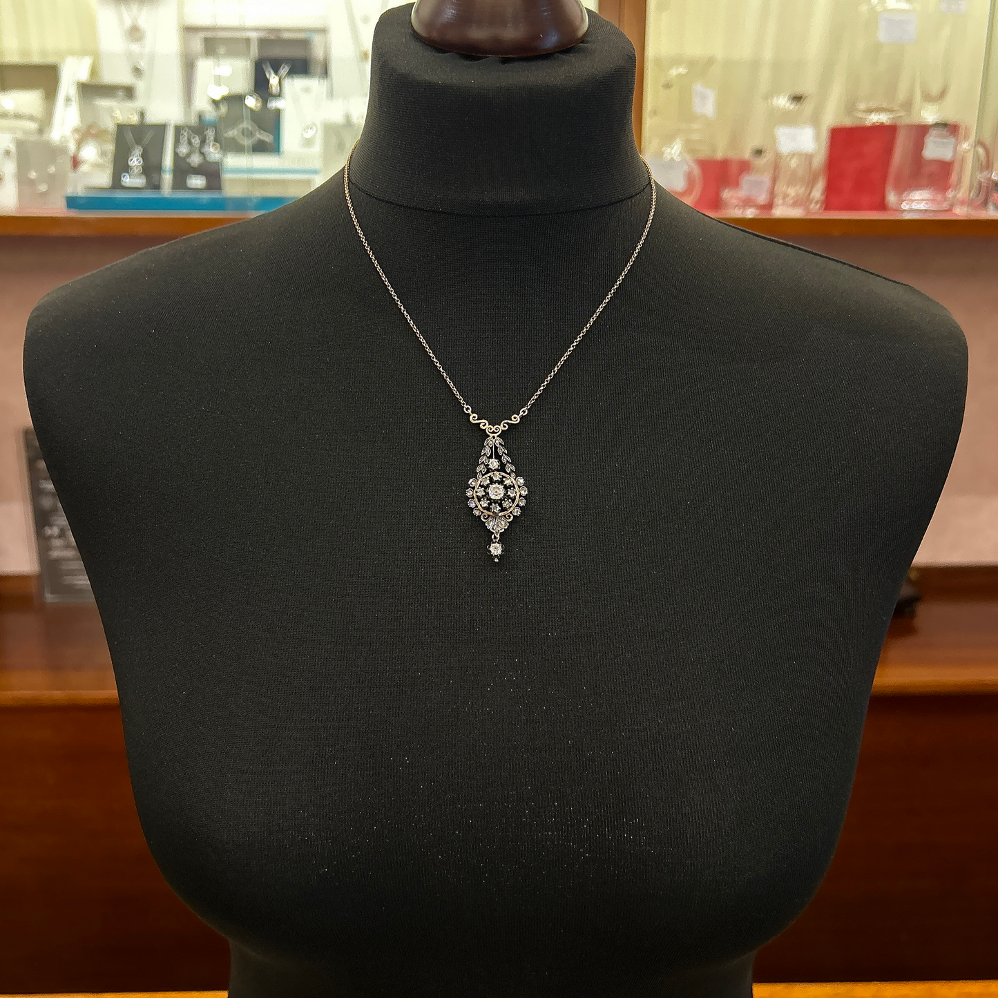 Antique Old Mine Cut Diamond Gold and Silver Floral Necklace