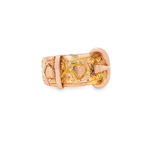 Antique Edwardian 9ct Gold Buckle Ring with Hearts Motif