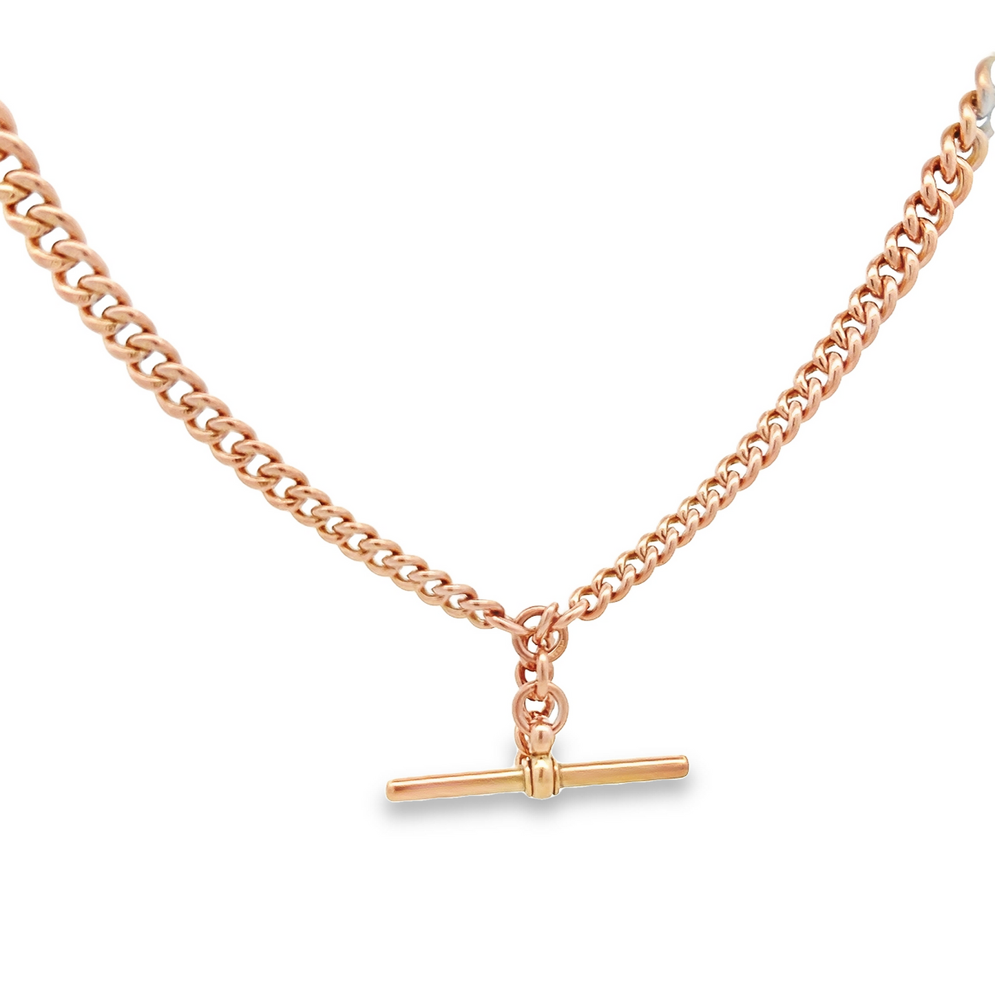Antique Edwardian 9ct Rose Gold Graduated Curb Link Albert Watch Chain with T-Bar