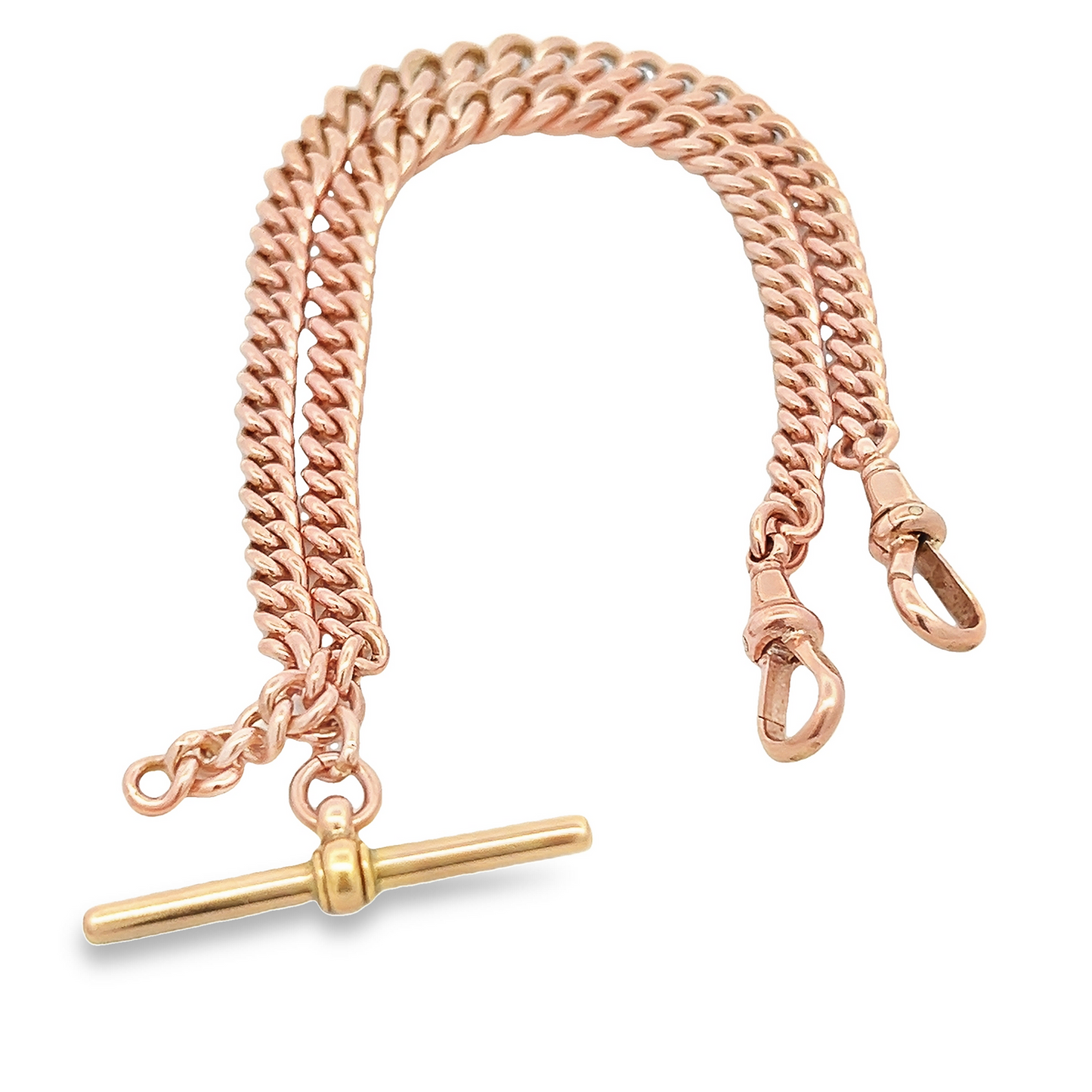 Antique Edwardian 9ct Rose Gold Graduated Curb Link Albert Watch Chain with T-Bar
