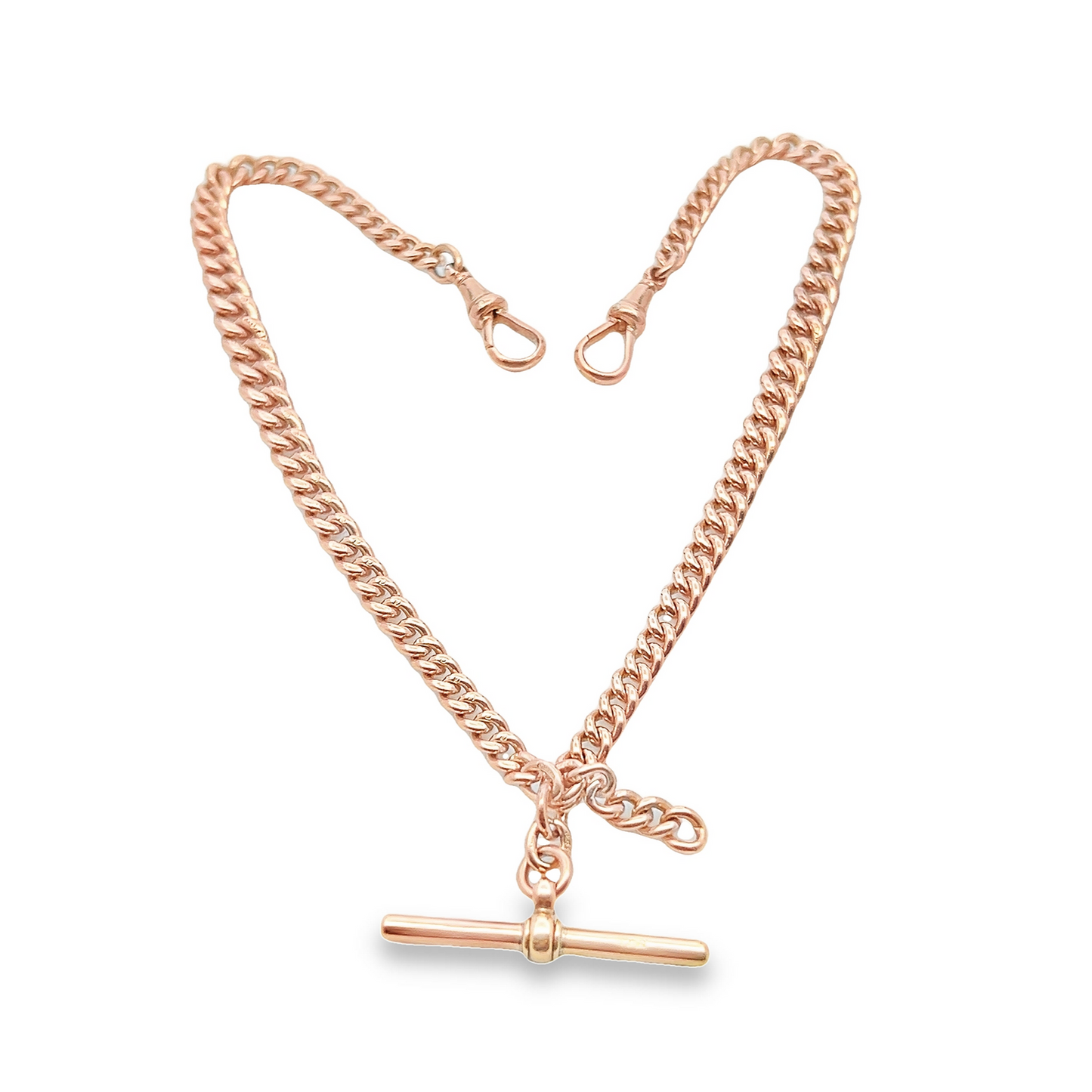 Antique Edwardian 9ct Rose Gold Graduated Curb Link Albert Watch Chain with T-Bar