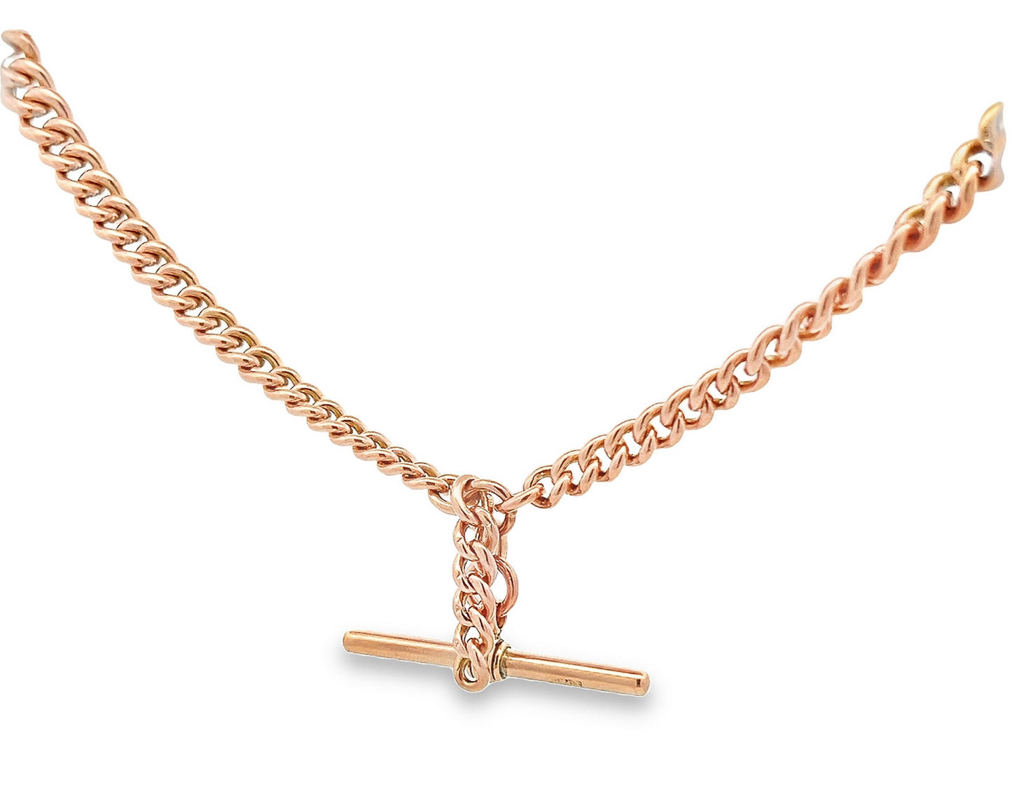 Antique Edwardian 9ct Rose Gold Graduated Curb Link Albert Watch Chain with T-Bar