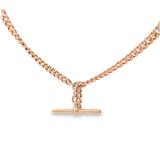 Antique Edwardian 9ct Rose Gold Graduated Curb Link Albert Watch Chain with T-Bar