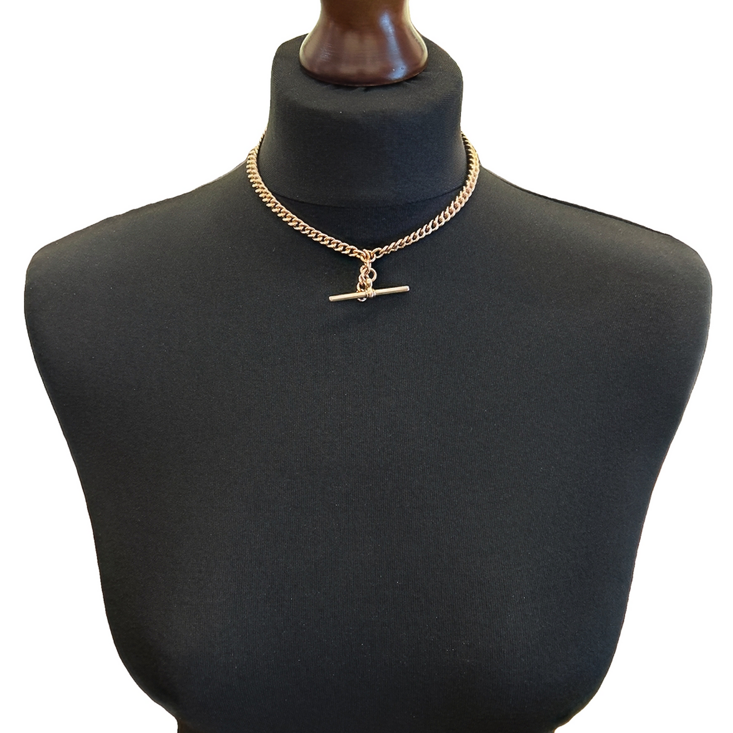 Antique Edwardian 9ct Rose Gold Graduated Curb Link Albert Watch Chain with T-Bar