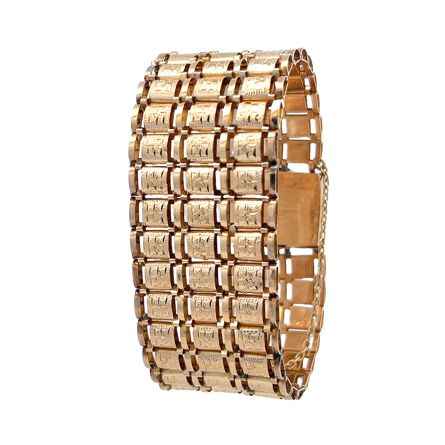 Vintage Floral Engraved 18ct Gold Retro Wide Cuff Bracelet