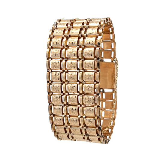 Vintage Floral Engraved 18ct Gold Retro Wide Cuff Bracelet