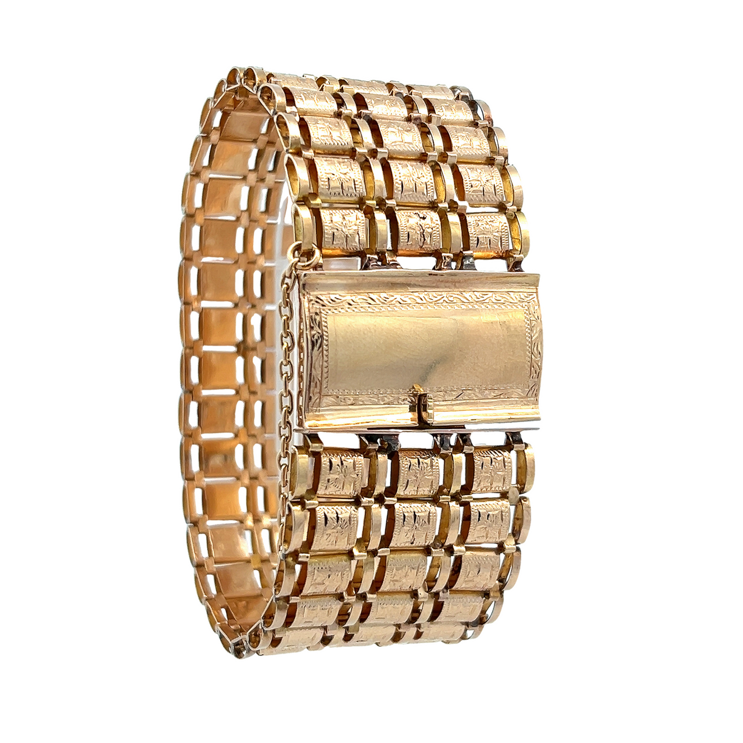 Vintage Floral Engraved 18ct Gold Retro Wide Cuff Bracelet