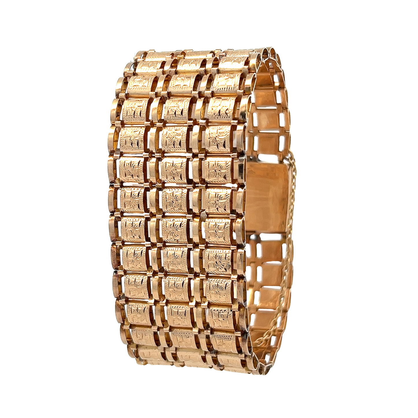 Vintage Floral Engraved 18ct Gold Retro Wide Cuff Bracelet