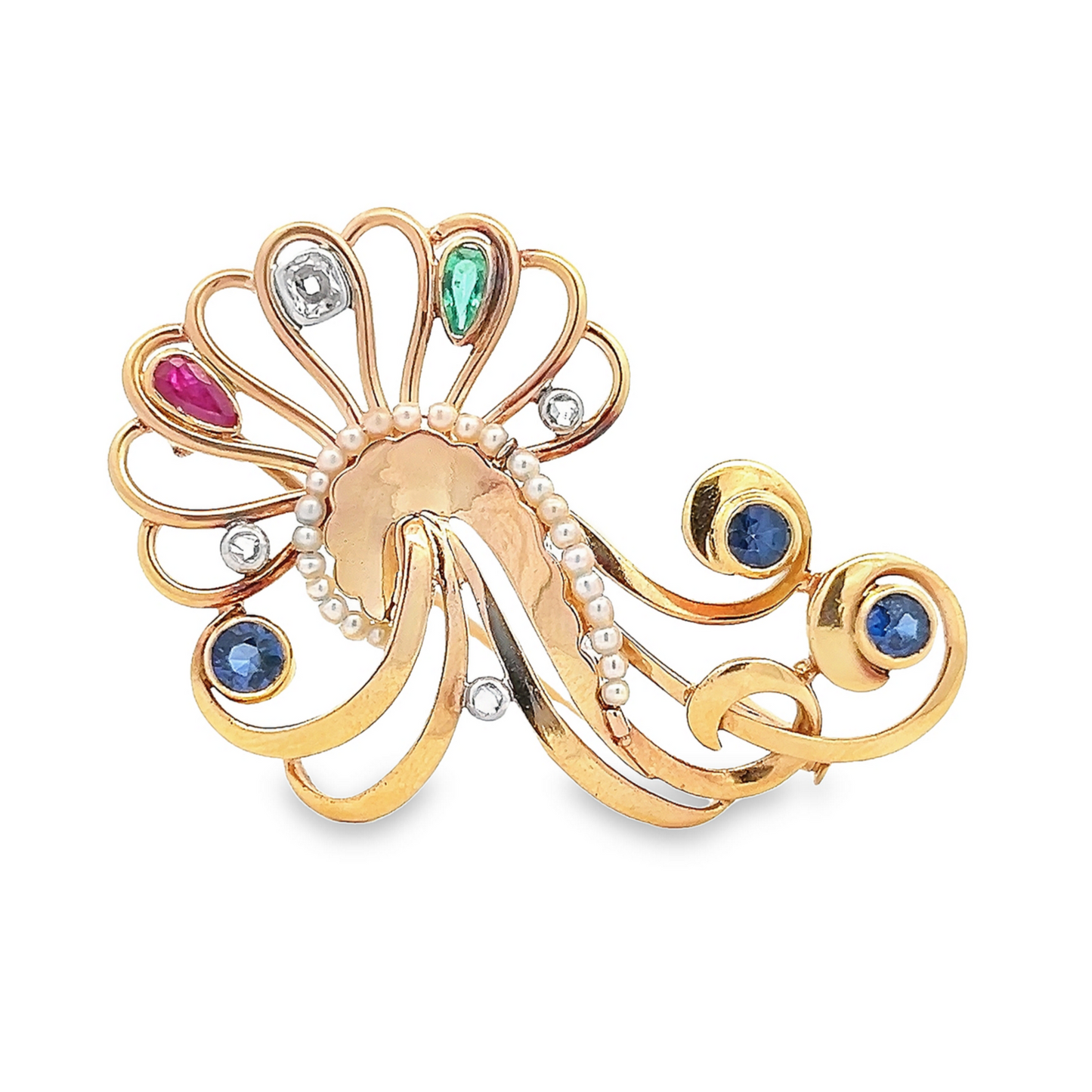 Vintage Sapphire, Diamond, Emerald, Ruby and Pearl 18ct Gold Cocktail Swirl Brooch