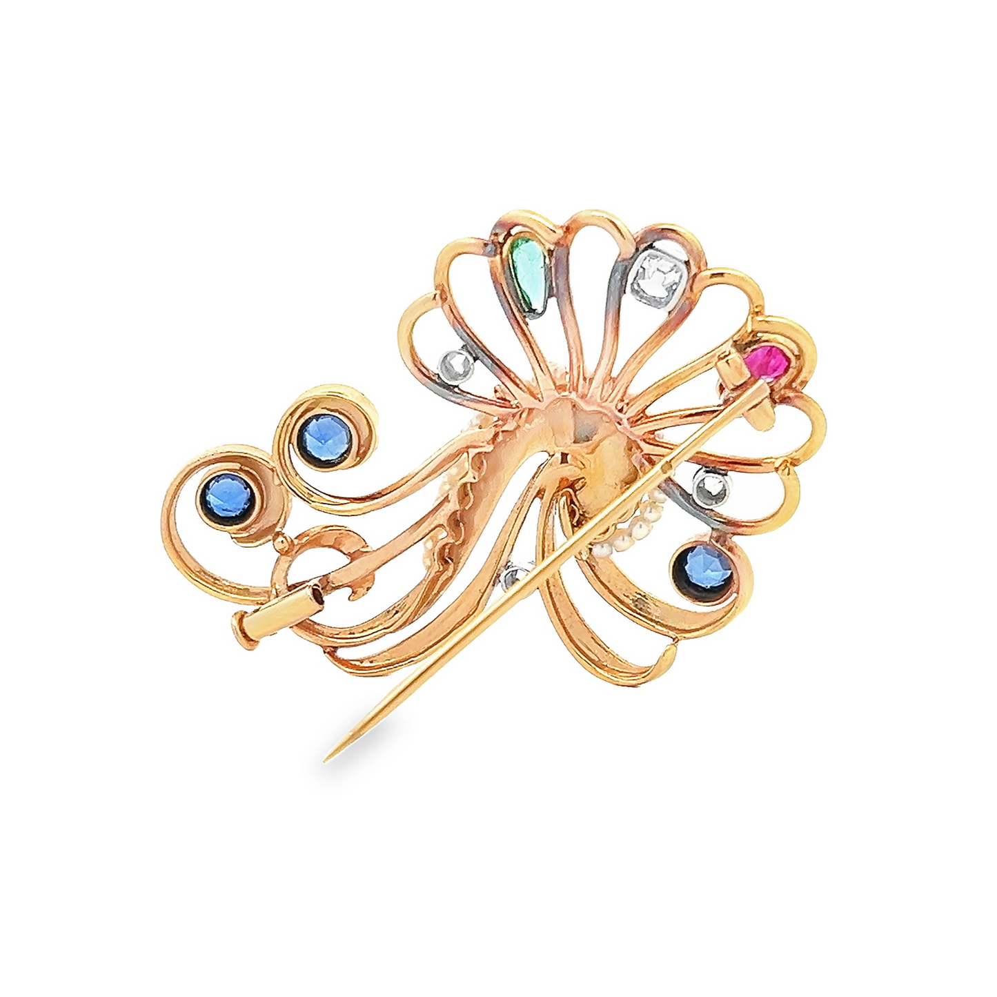 Vintage Sapphire, Diamond, Emerald, Ruby and Pearl 18ct Gold Cocktail Swirl Brooch