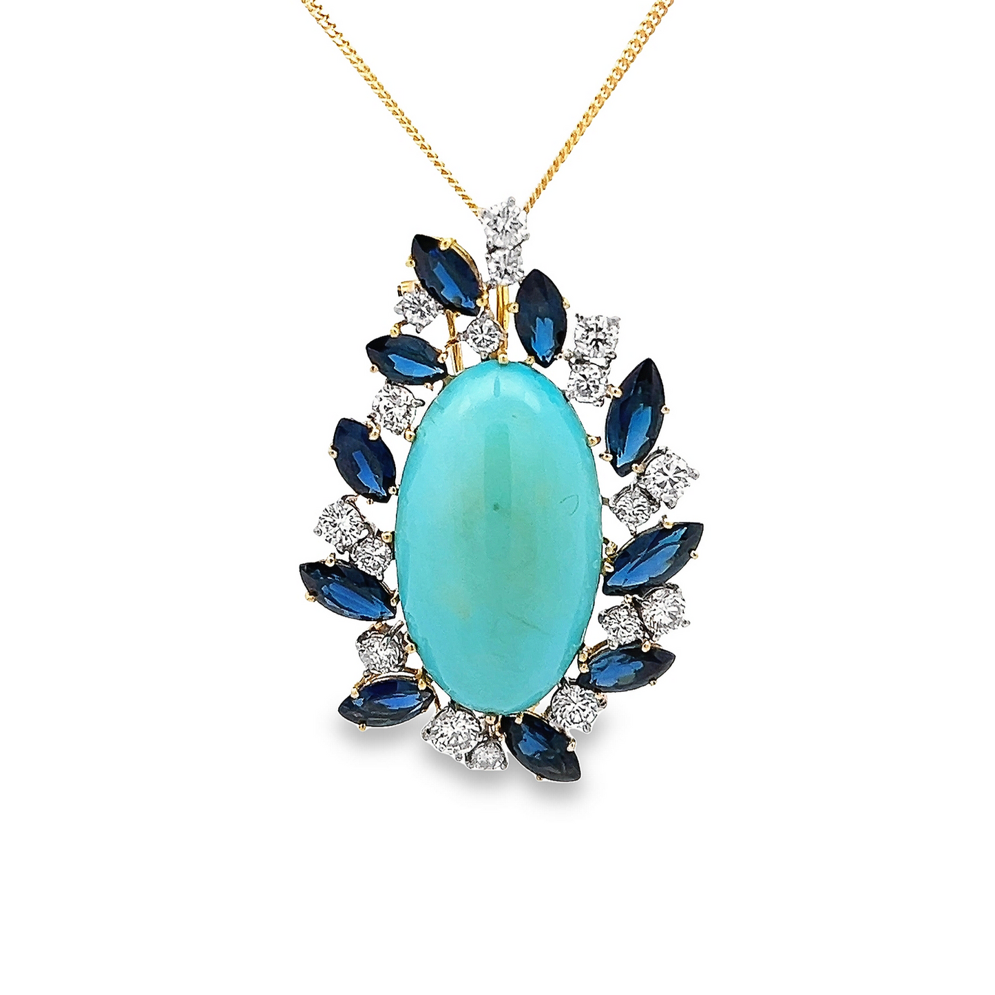 Vintage Turquoise, Sapphire and Diamond 18ct Gold Cocktail Spray Pendant / Brooch