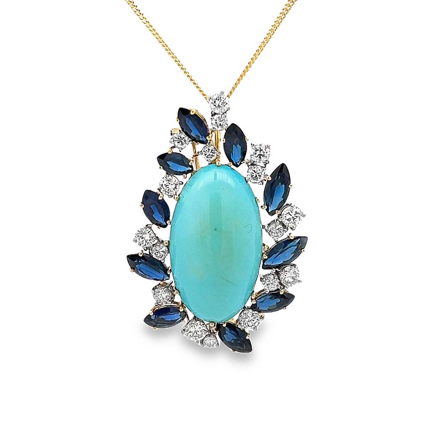Vintage Turquoise, Sapphire and Diamond 18ct Gold Cocktail Spray Pendant / Brooch