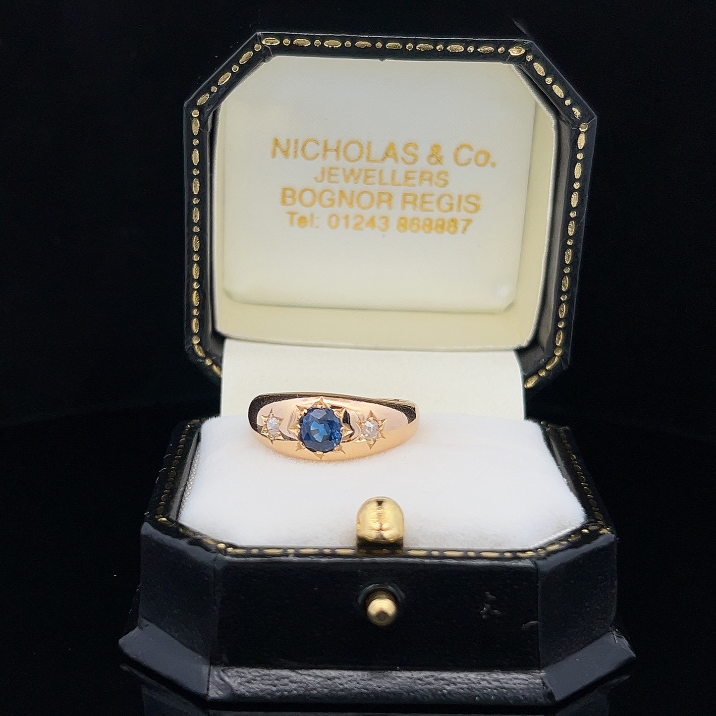 Antique Sapphire and Diamond Trilogy / Three Stone 18ct Gold Gypsy Ring