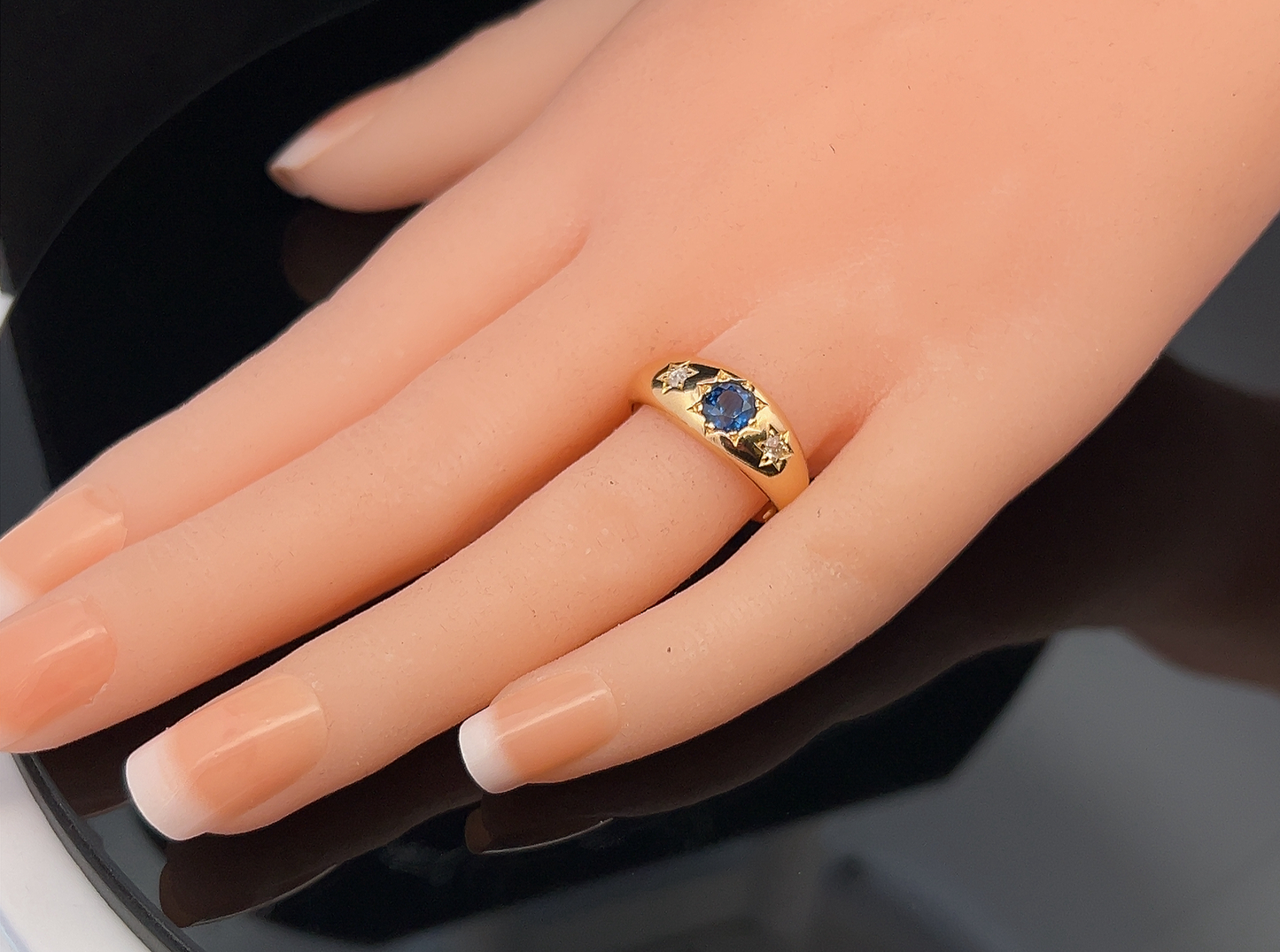 Antique Sapphire and Diamond Trilogy / Three Stone 18ct Gold Gypsy Ring