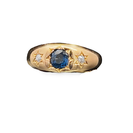 Antique Sapphire and Diamond Trilogy / Three Stone 18ct Gold Gypsy Ring