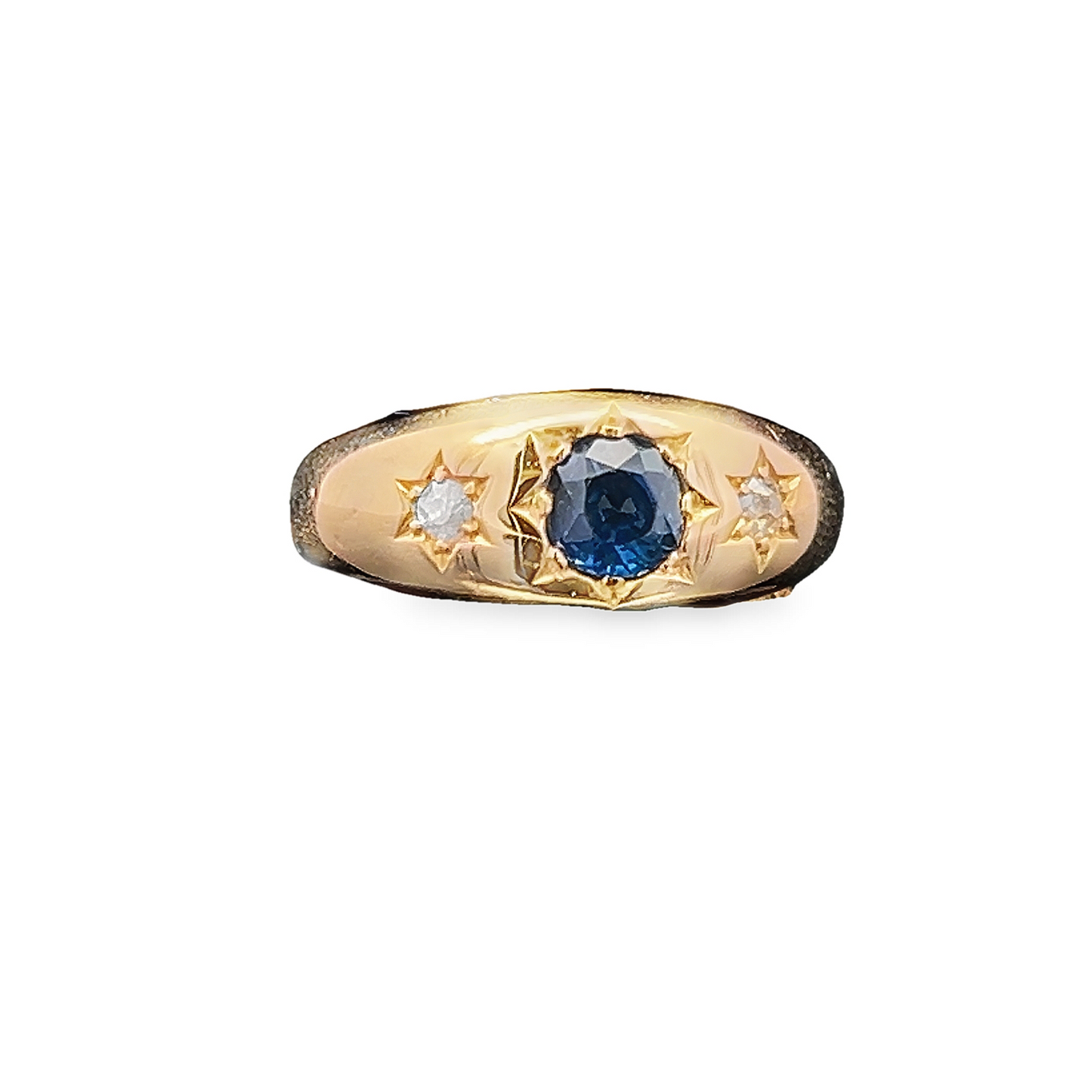 Antique Sapphire and Diamond Trilogy / Three Stone 18ct Gold Gypsy Ring