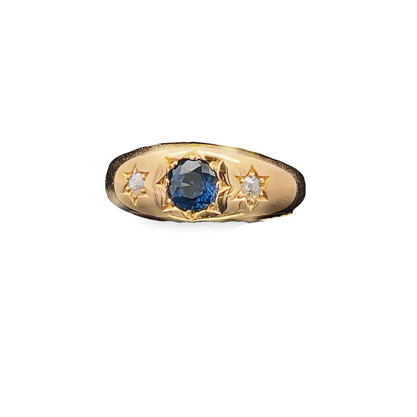 Antique Sapphire and Diamond Trilogy / Three Stone 18ct Gold Gypsy Ring
