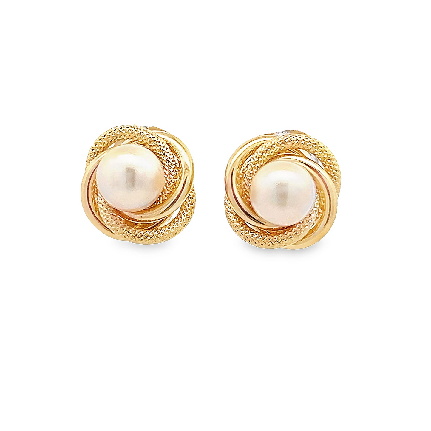Vintage Cultured Pearl within Textured and Polished 18ct Yellow Gold Knot Earrings