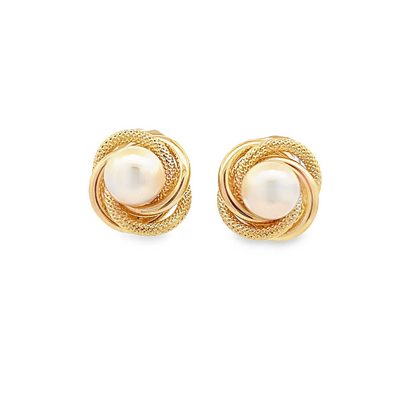 Vintage Cultured Pearl within Textured and Polished 18ct Yellow Gold Knot Earrings