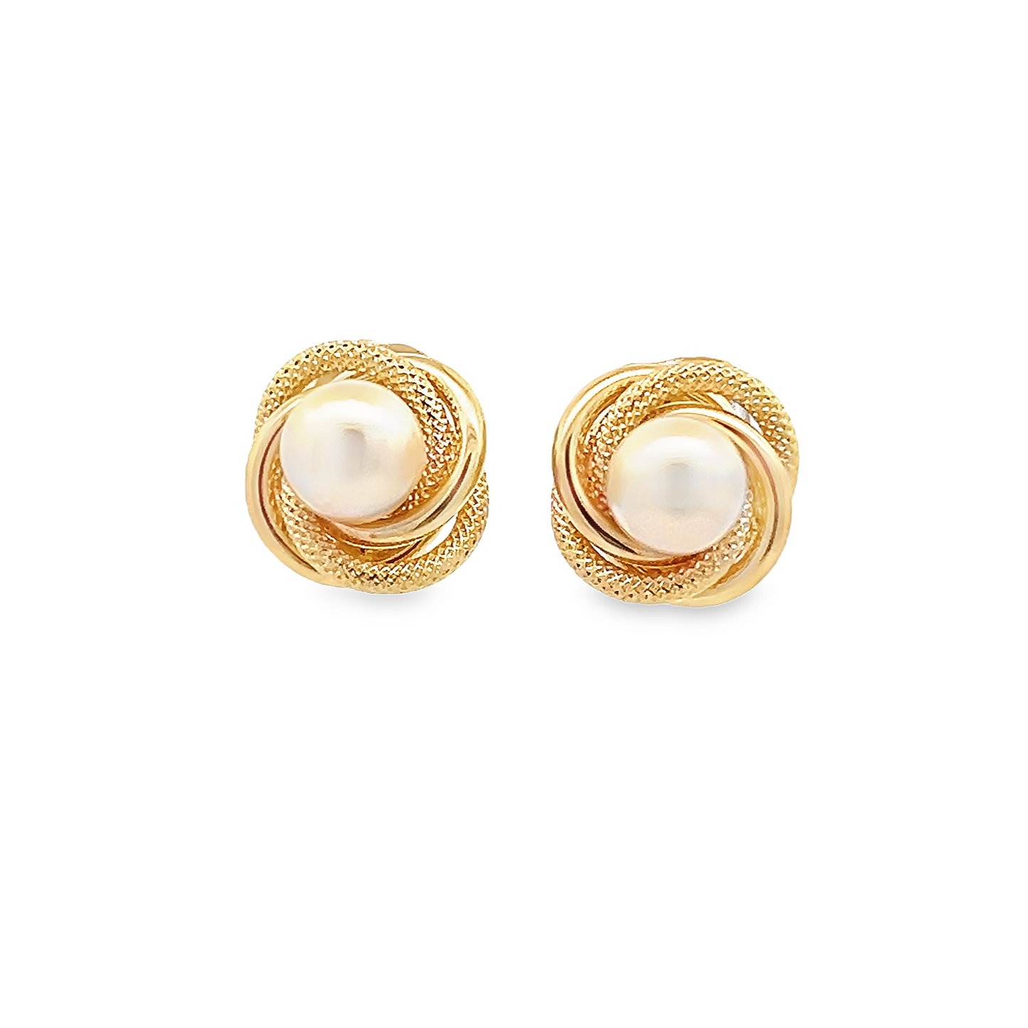 Vintage Cultured Pearl within Textured and Polished 18ct Yellow Gold Knot Earrings
