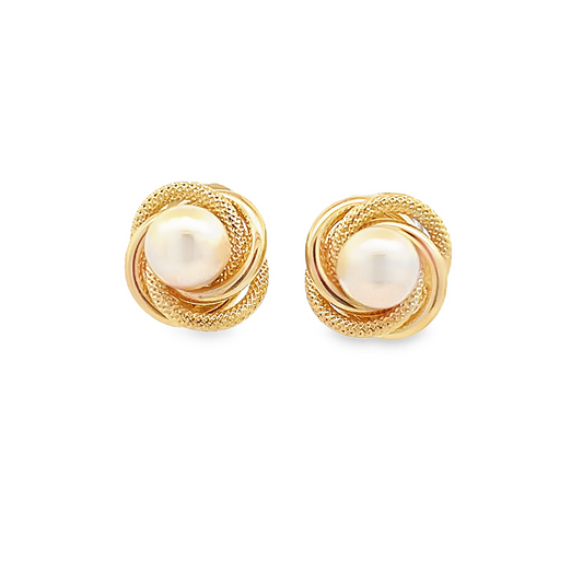 Vintage Cultured Pearl within Textured and Polished 18ct Yellow Gold Knot Earrings