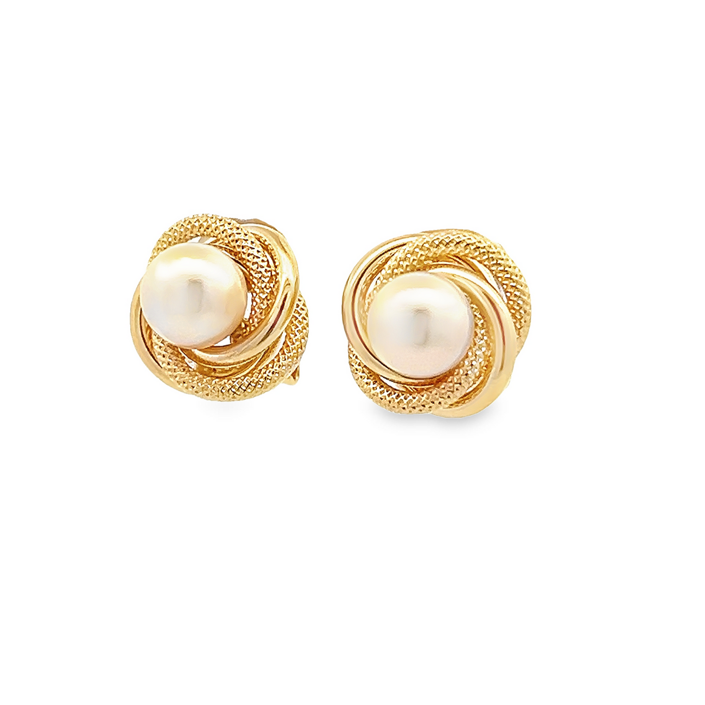 Vintage Cultured Pearl within Textured and Polished 18ct Yellow Gold Knot Earrings