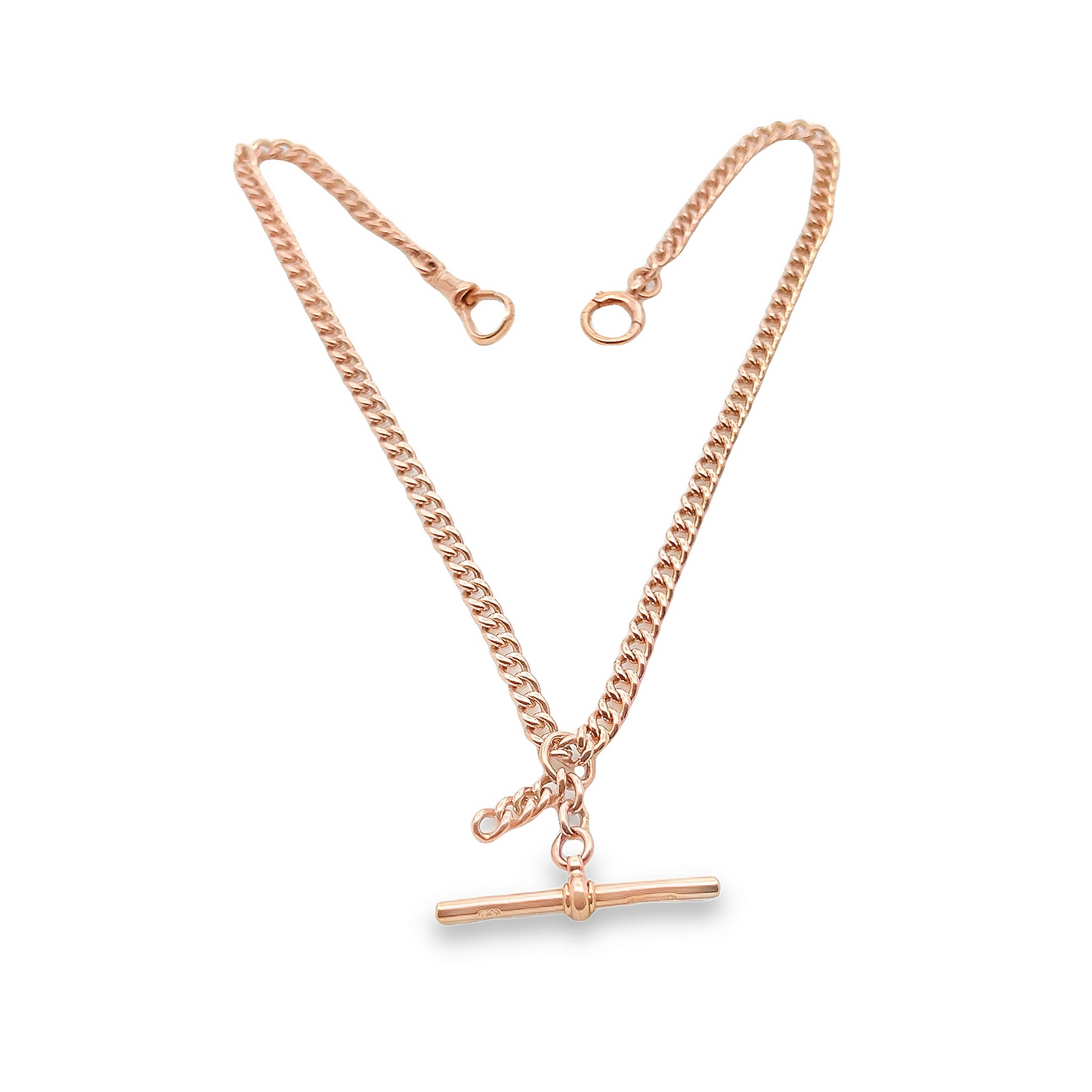Antique 9ct Rose Gold Graduated Curb Link Albert Watch Chain with T-Bar
