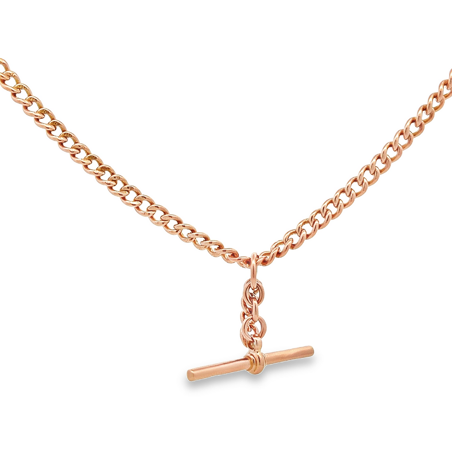 Antique 9ct Rose Gold Graduated Curb Link Albert Watch Chain with T-Bar