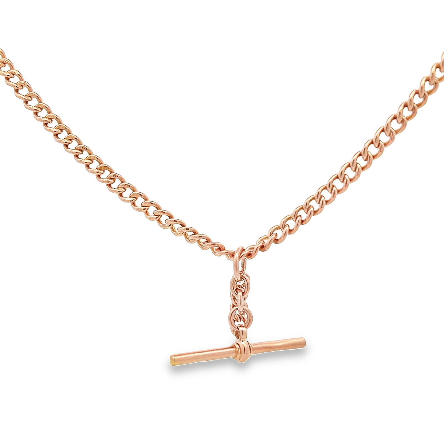 Antique 9ct Rose Gold Graduated Curb Link Albert Watch Chain with T-Bar