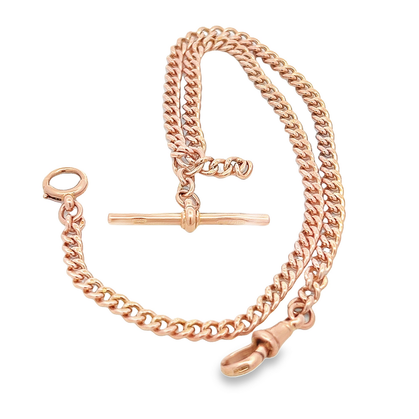 Antique 9ct Rose Gold Graduated Curb Link Albert Watch Chain with T-Bar